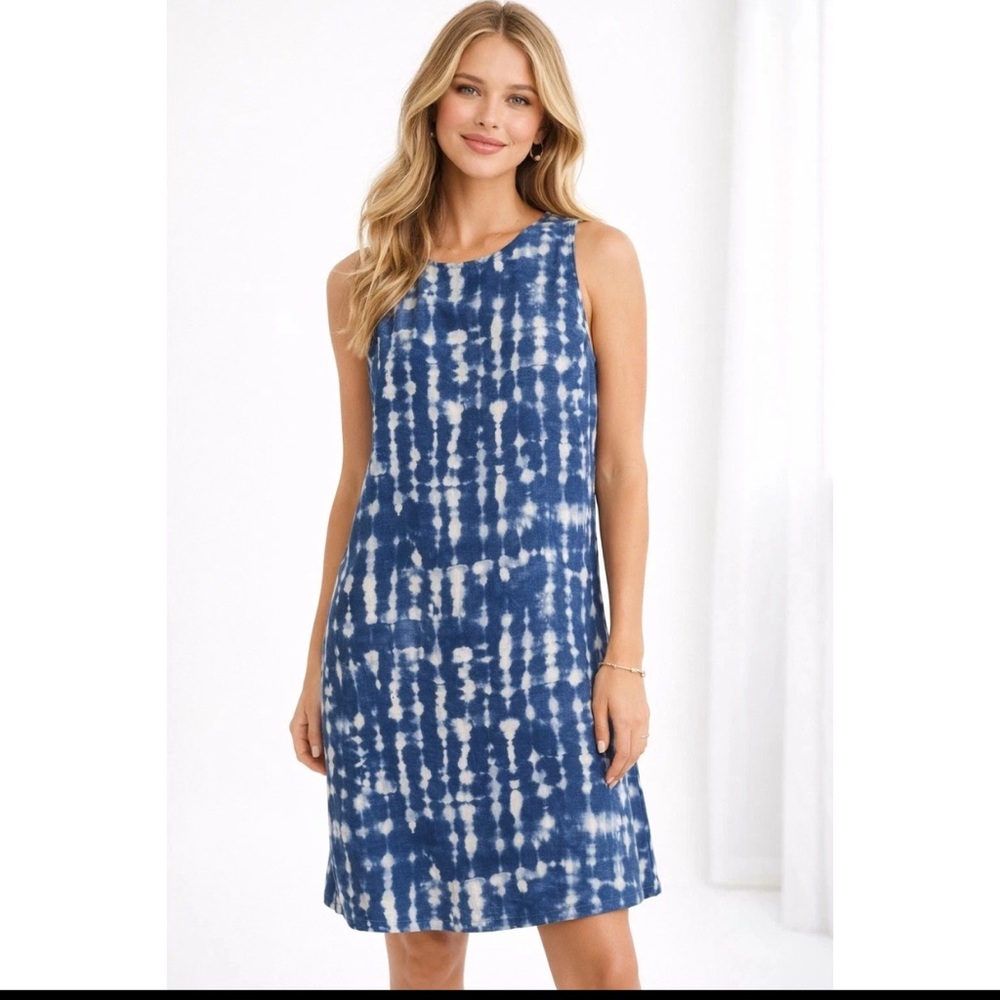 Tahari Womens Linen Shift Dress Blue White Tie Dye Pockets Boho Coastal Sz L